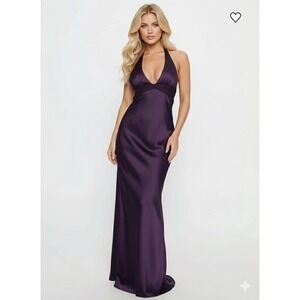 Princess Polly Odyssa Plum Purple Satin Halter Neck Open Back Maxi Gown Dress 4